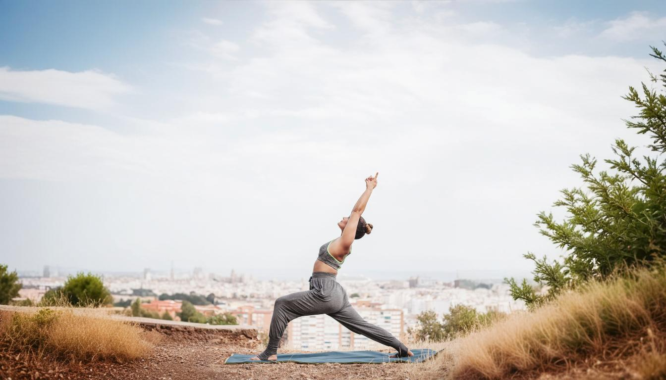 mulher fazendo yoga com vista da cidade