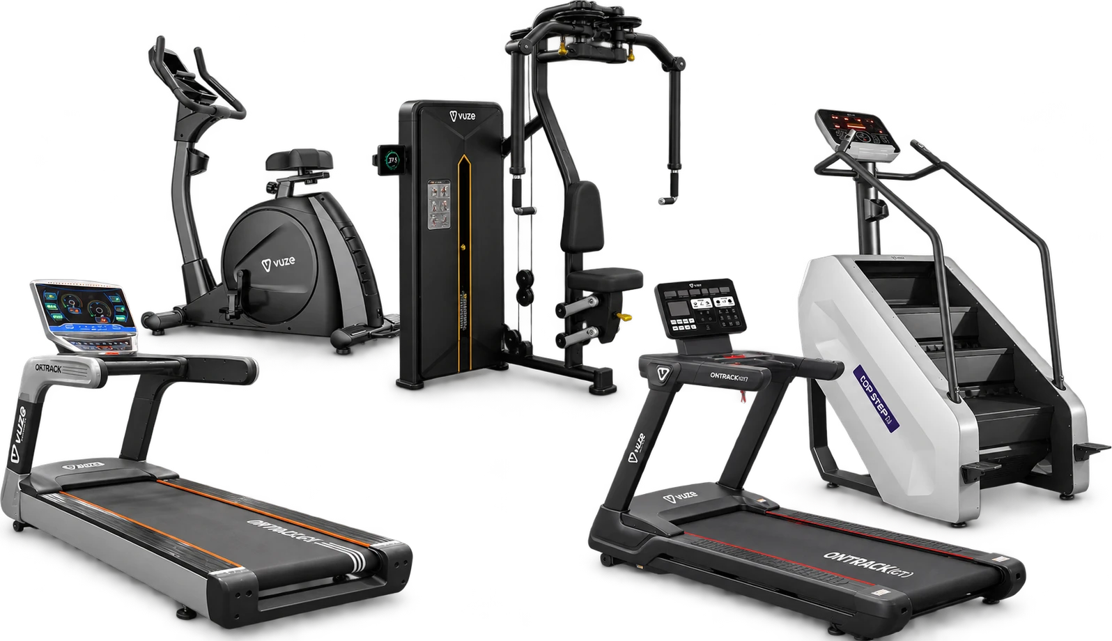 Linha de equipamentos Vuze: esteiras Ontrack, VUZE PWR FLY, simulador de escada e bicicleta vertical